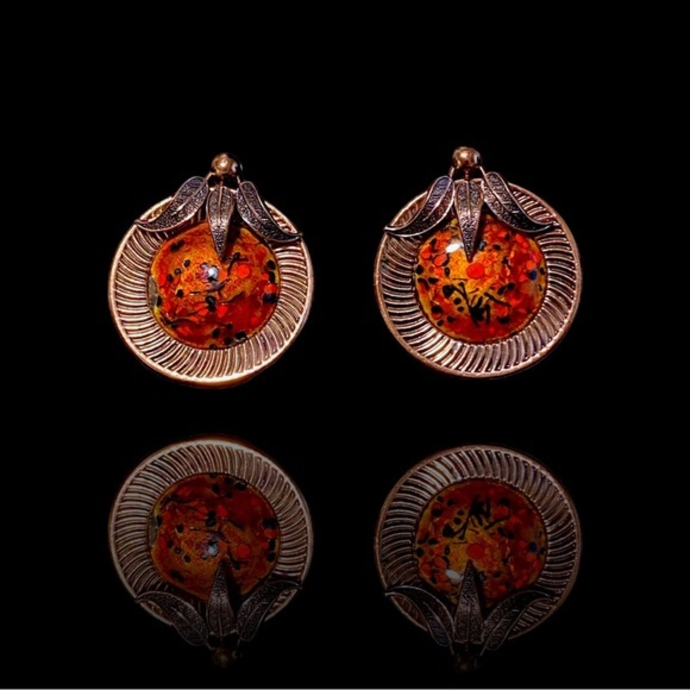 Vintage Signed Matisse Renoir Jewelry Clip Earrings Copper Orange